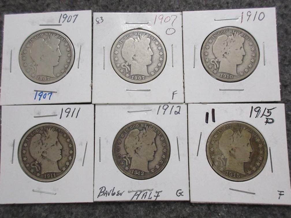 6 Barber half dollars - 1907, 1907-O, 1910, 1911, 1912, 1915-D