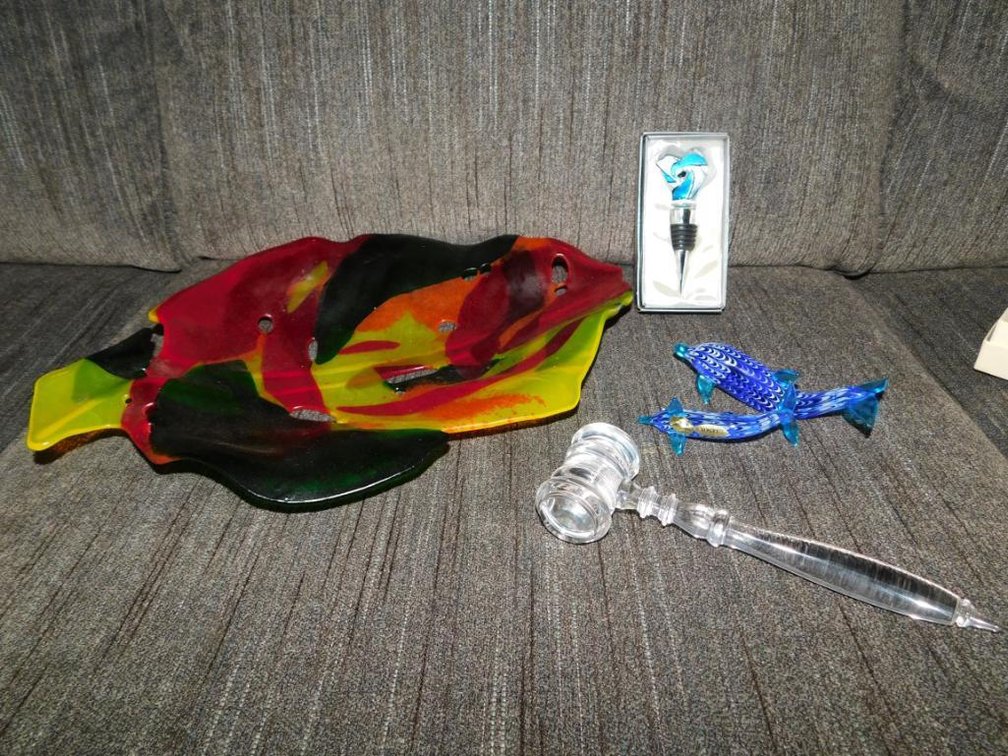 2 Lenox whales, 1 Indigo glass bowl& a Lucite mallet