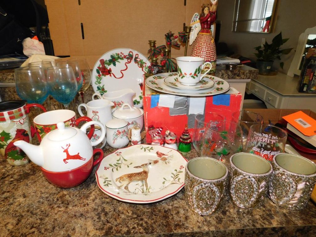 Collection of Christmas dishes, glasses, teapot, salt & pepper shakers, creamers, sugars