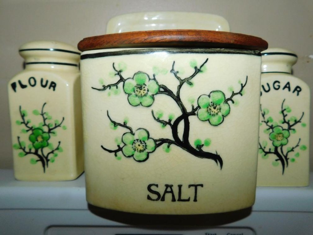 Vintage 1920's Moriyama salt box & flour & sugar shakers