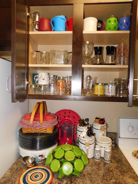 Contents of cabinet to include drinking glasses & upper shelf of cabinet - cannister set, salt & pepper shakers