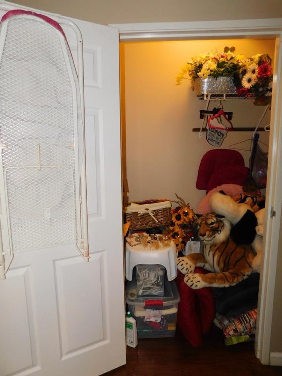 Contents of closet - collection of stuffed animals, decorative items, cleaning items & floral d�cor