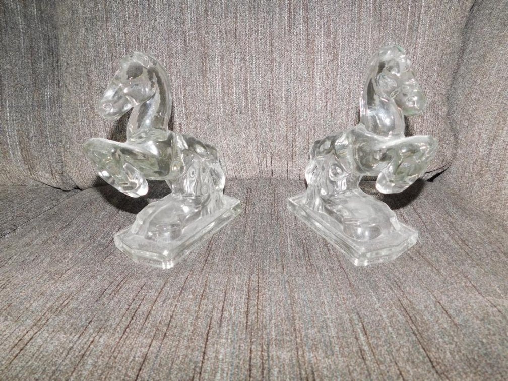 Vintage 1940's clear glass horse bookends
