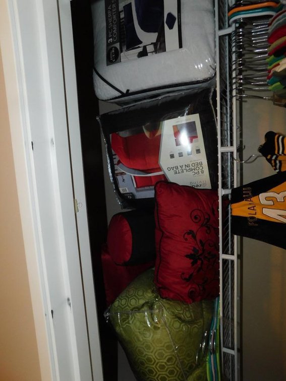 Top shelf of closet - complete bed in bag, 3 Sherpa comforter set - 1 comforter & 2 shams