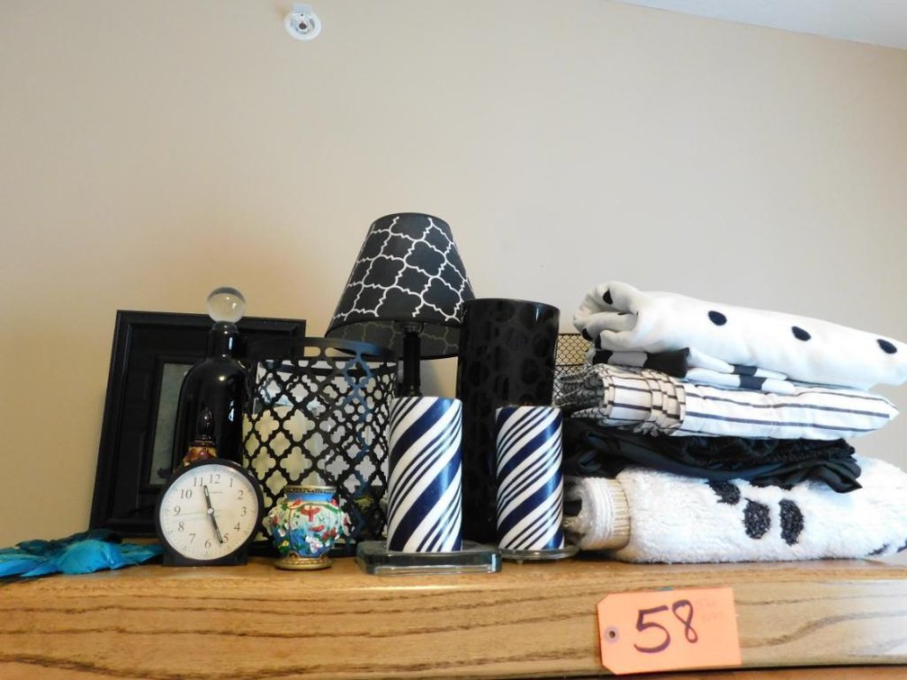 Black & white items - candles, small lamp, bedding, rugs, waste basket & vase