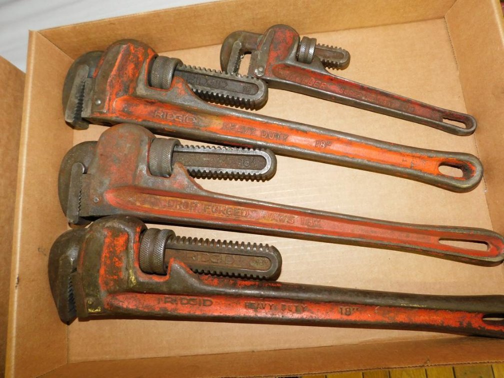 2 Ridgid 18" pipe wrenches, Drop Forged Jaws 18" pipe wrench, Fuller Super Quality 10" pipe wrench