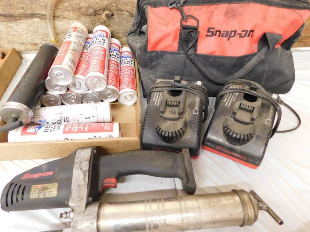 Snap-On battery powered grease gun, Lucas Oil red n tacky no. 2 grease, Snap-On battery chargers, Snap-On tool bag