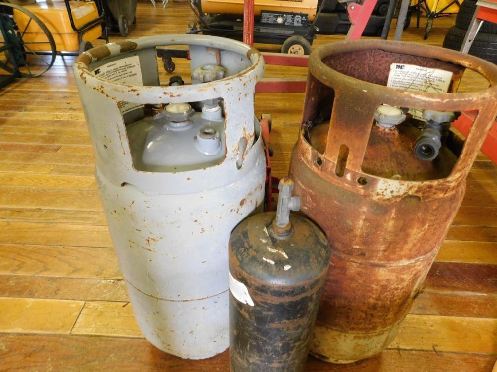 2 Liquified petroleum gas cannisters & small acetylene tank