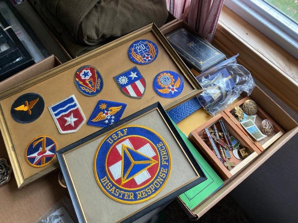 Lot military patches, pins, books, uniform, etc  Rifle pin is sterling