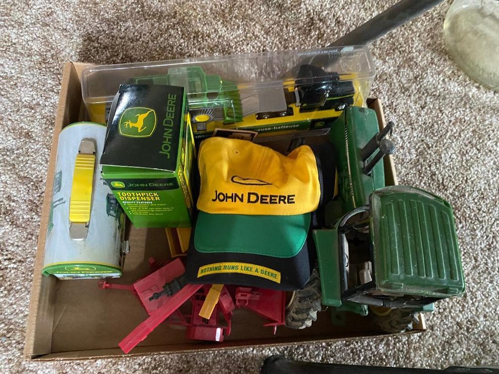 Lot John Deere items: Ertl tractor and implements, ornament, cap, etc