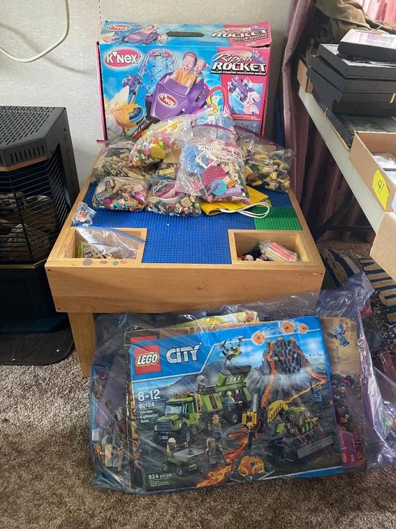 Lego play table, legos, and K'nex