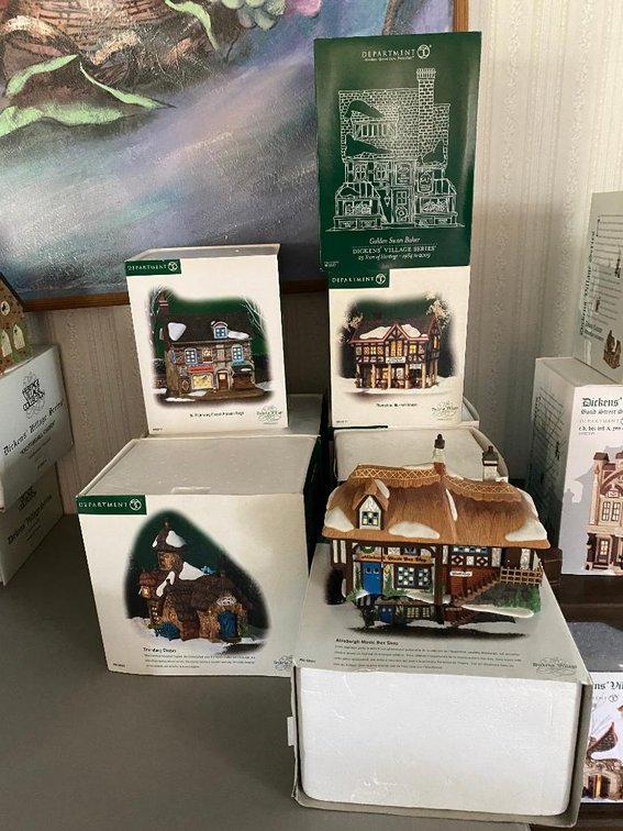Lot 8 Dept 56 Dickens Village houses, some boxes