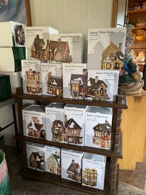 Lot 15 Dept 56 Dickens Village houses, some boxes & display shelf