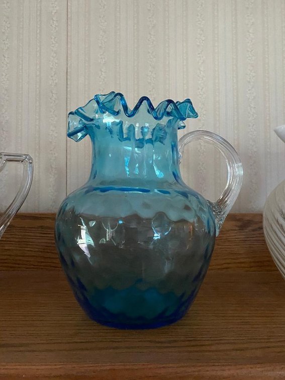 Antique hand-blown blue glass pitcher, applied handle