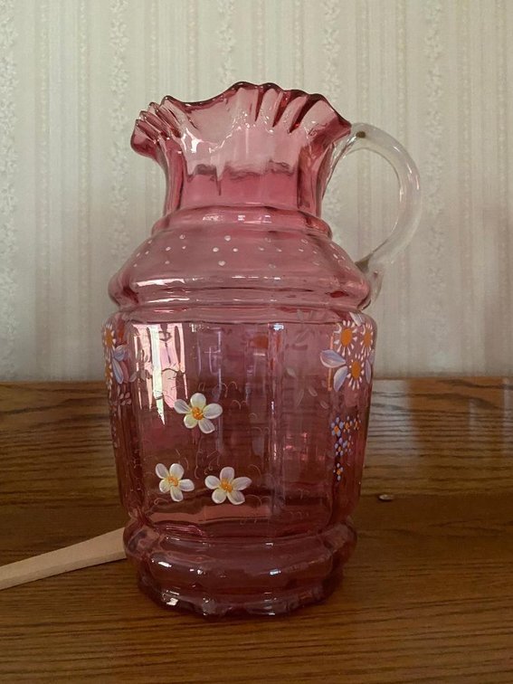 Antique hand-blown enamel painted, applied handle pitcher
