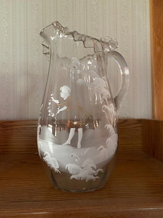 Mary Gregory hand-blown painted pitcher, applied handle
