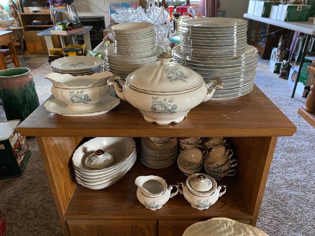 Service for 8 + extras E & R Germany "Dream Rose" china & cabinet stand