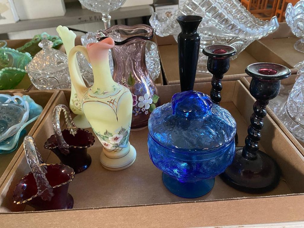 Lot glass: Fenton frosted pitcher, Seneca covered bowl, ruby baskets, etc