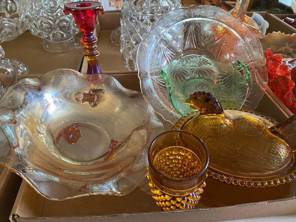 Lot glass: covered chicken, green depression, Marigold bowl, etc