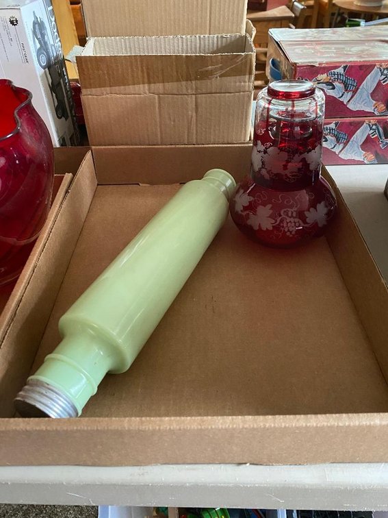 Jadeite rolling pin & Ruby cut water set