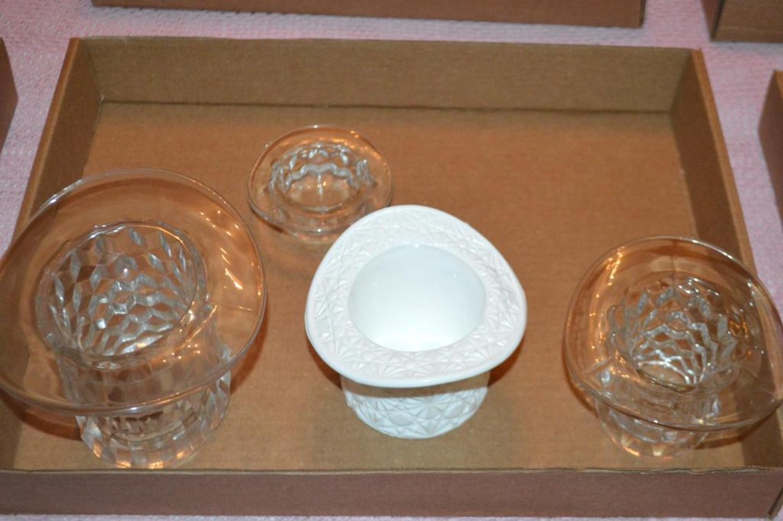 Fostoria top hats, one milk glass