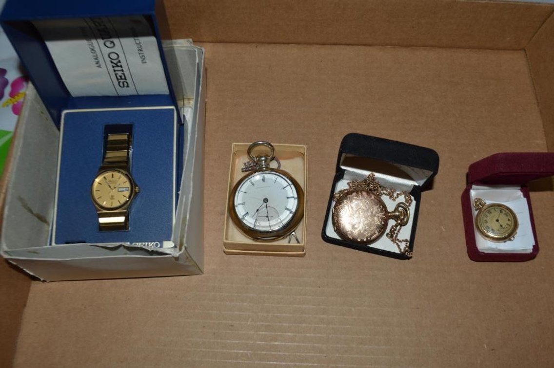 Seiko watch, Westclox pocket watch w/ key, New York Watch Co pocket watch, Elgin pocket watch