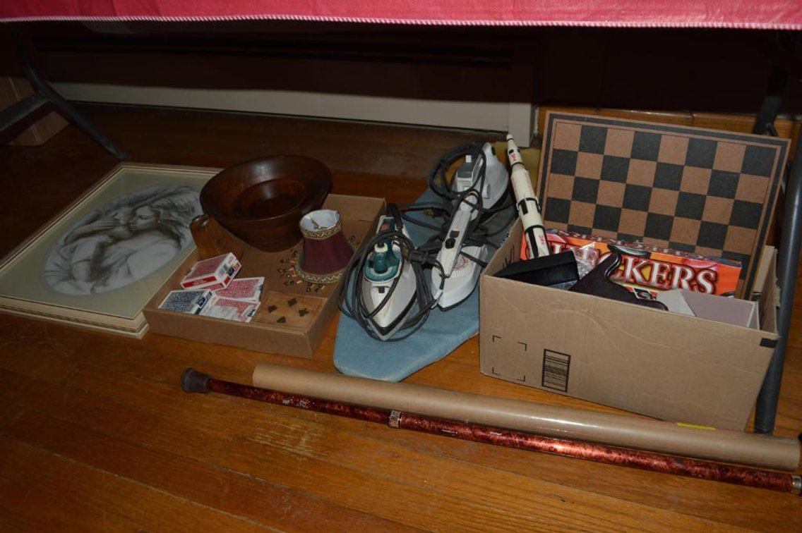 Miscellaneous playing cards, wooden bowls, iron & ironing board