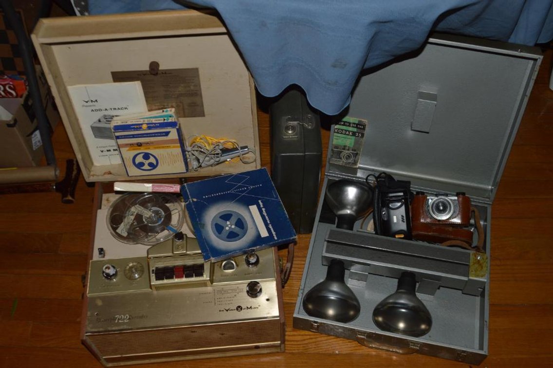 Reel-to-reel tape recorder, brief case, cameras