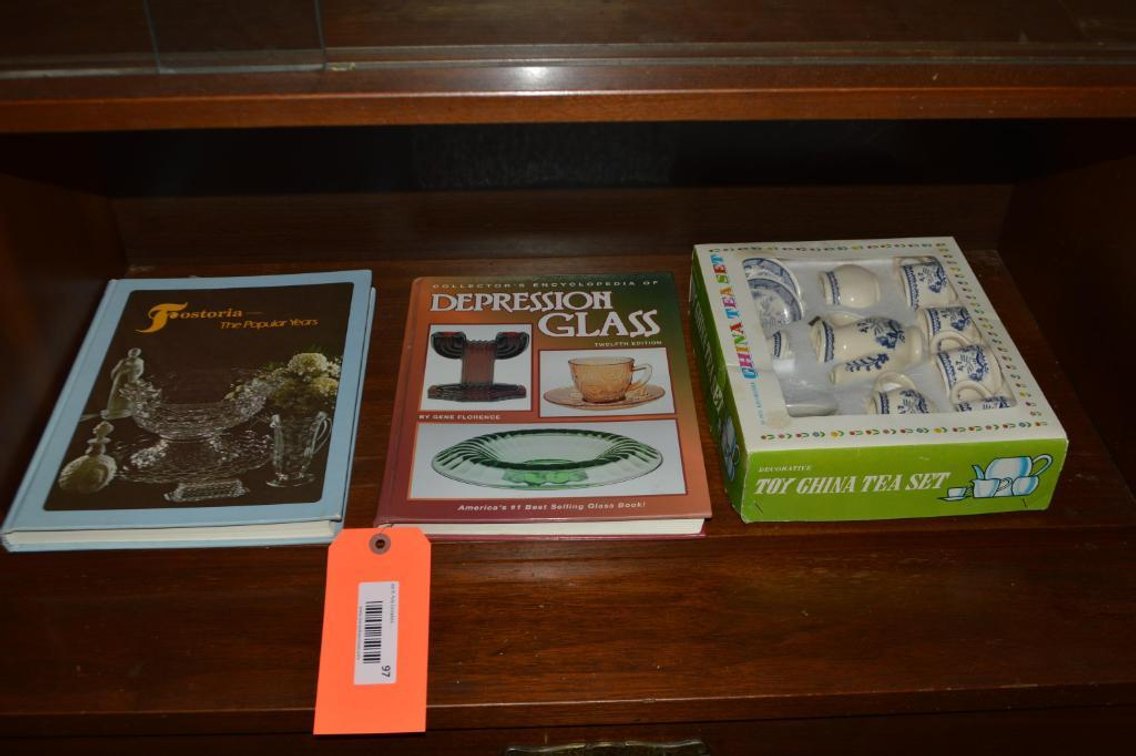 Glassware book, toy china tea set