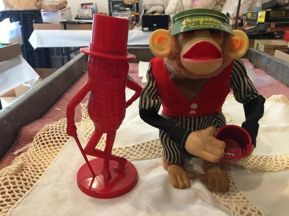 Mr. Peanut bank and Cragston battery operated Crap Shooter  Monkey