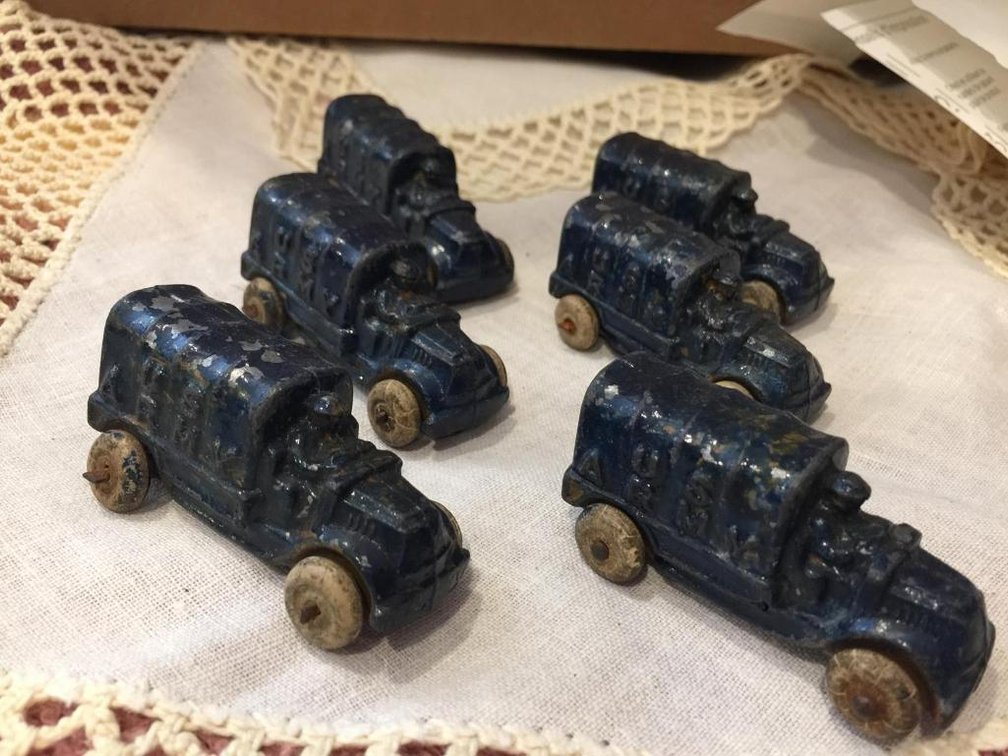 Six Barclay slush metal Army trucks rubber wheels
