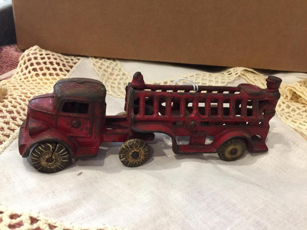 Arcade?? Cast iron tractor trailer fire truck with rubber wheels