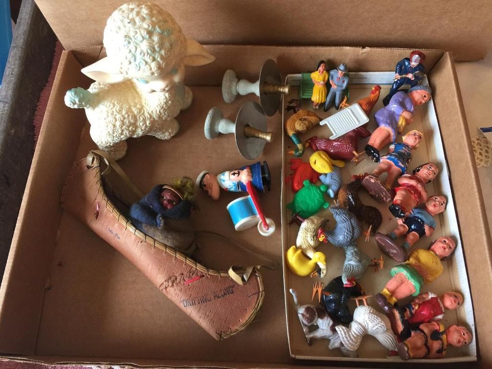 Vintage toys: composition figures, Indian Canoe, squeaker dog, etc.