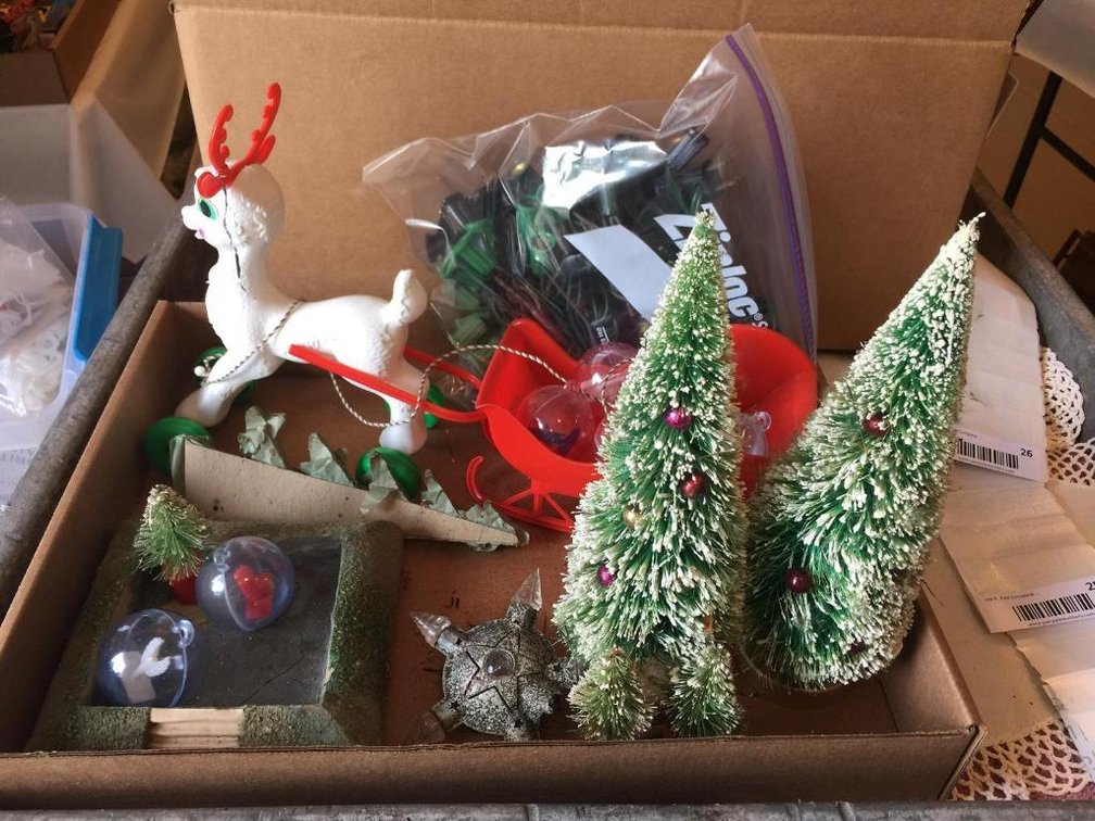 Vintage Christmas: plastic reindeer and sleigh, ornaments, trees, etc.