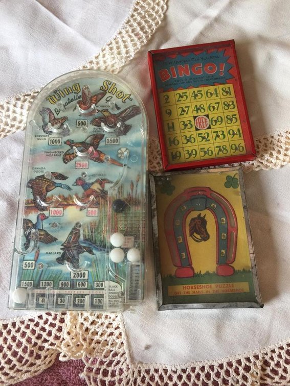 Antique Bingo and Horseshoe puzzle games and Wing Shot mini marble game