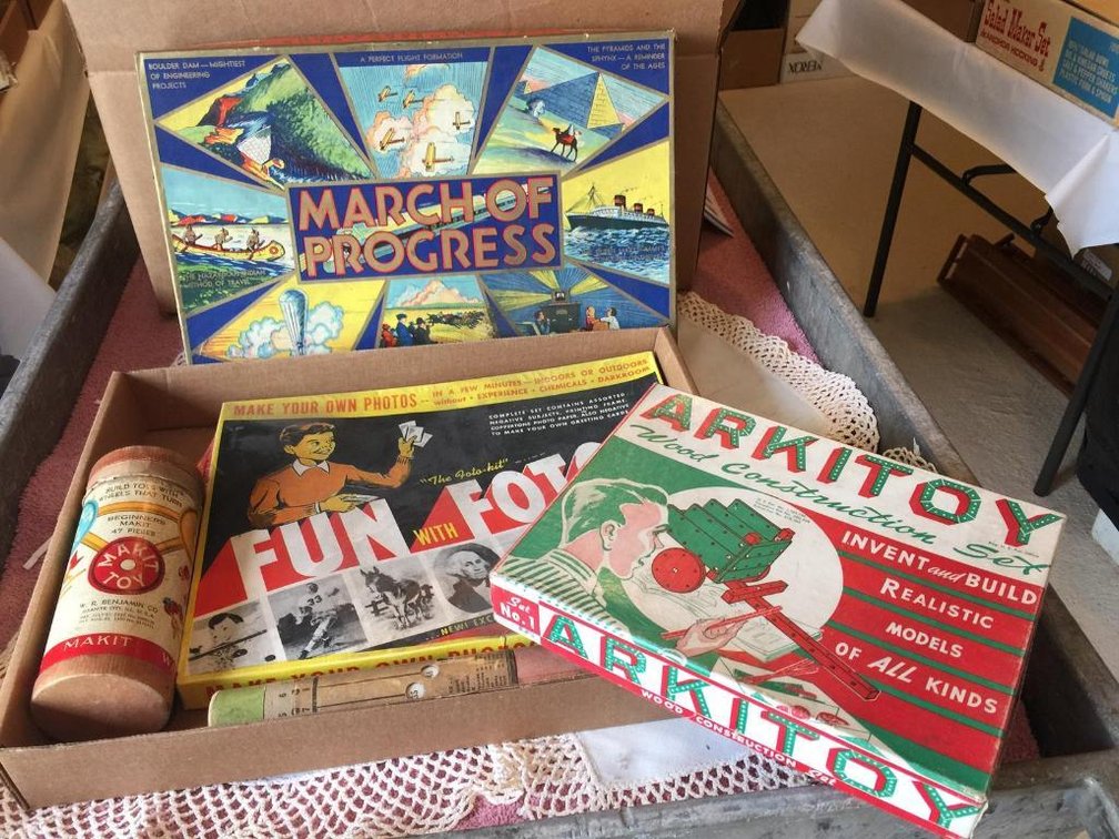 Vintage toys: Arkitoy building set, March of Progress paint set, Makit toy, etc.