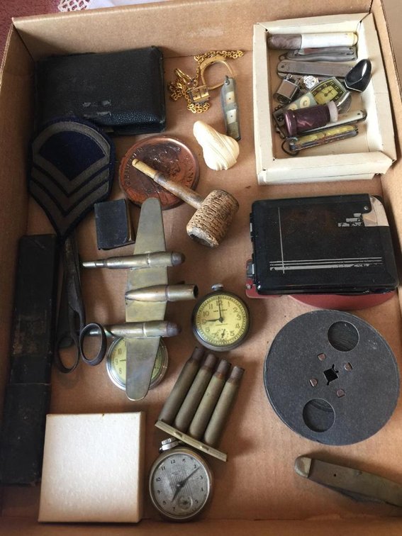 Lot misc. items; Arm patch, corn cob pipe, trench art plane, stop watch, etc.