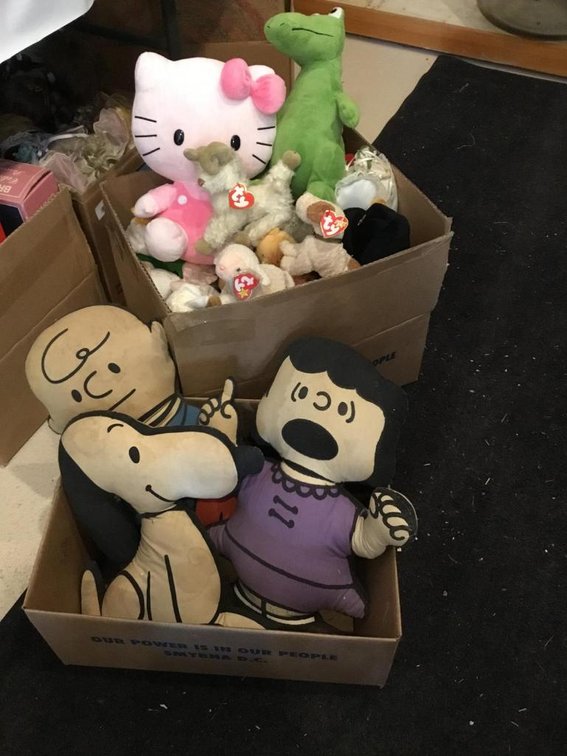 Vintage Snoopy, Charlie Brown, and Lucy, beanie babies, and stuffed animals