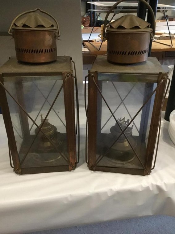 Vintage set of metal framed hanging oil lanterns