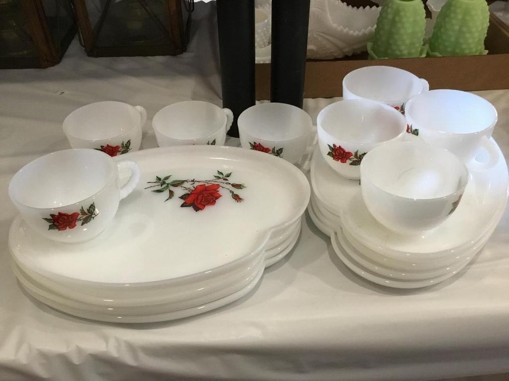 Vintage milk glass snack set eight plates and cups with roses