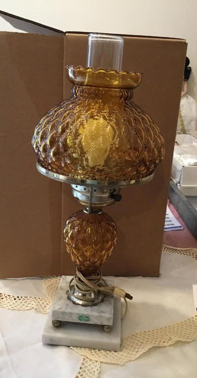 Quilted Diamond amber glass lamp with marble base, works