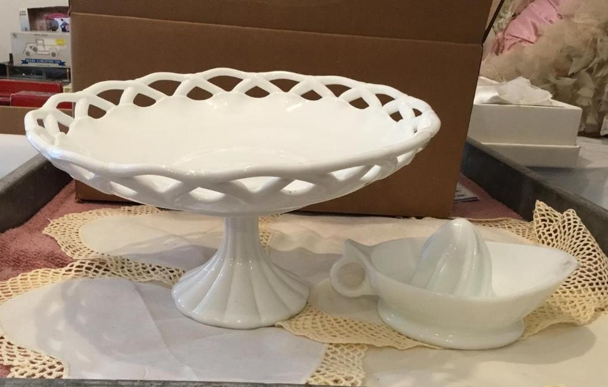 Milk glass Indiana Colony compote and milk glass reamer (has stain)