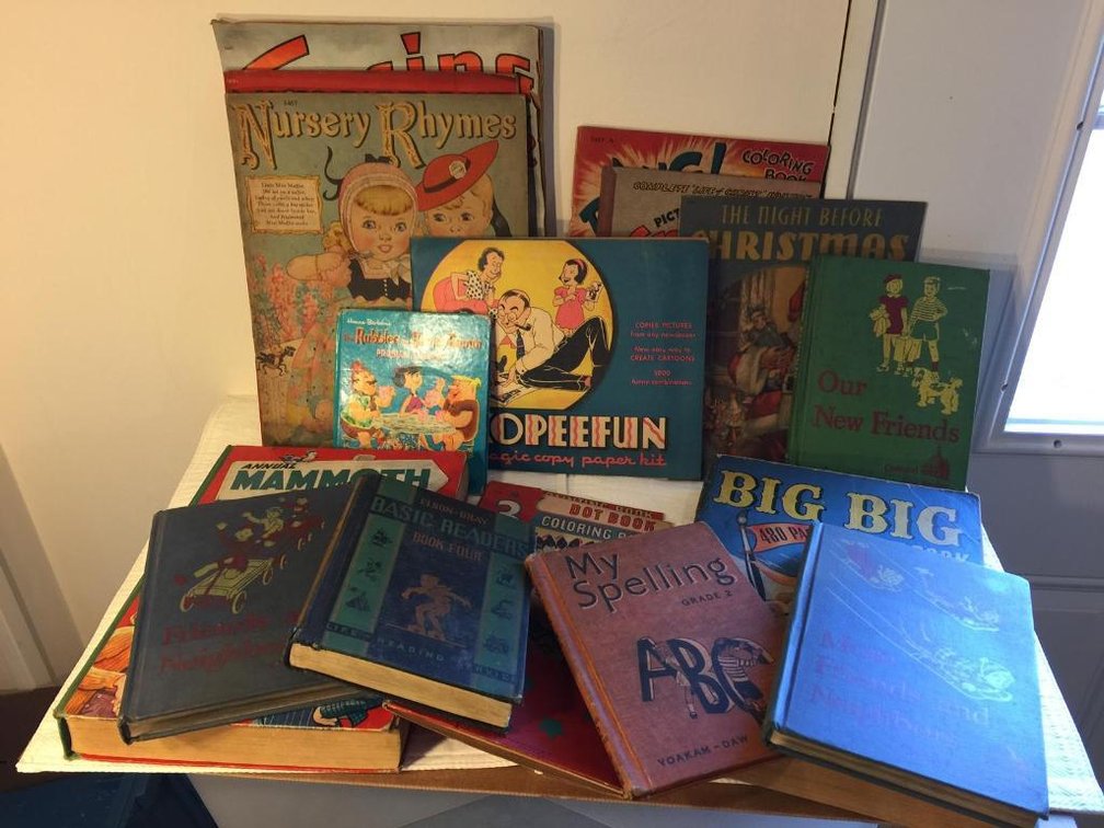 Lot of early children's books: School reading books, coloring books, etc.