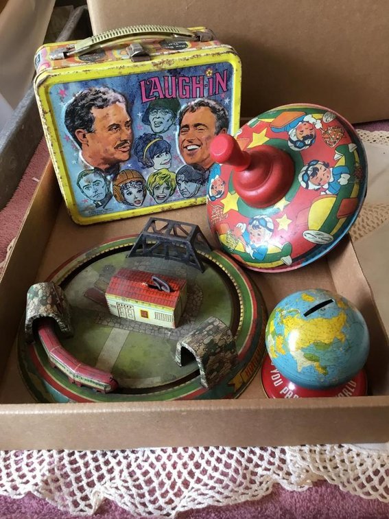 Vintage Marx Honeymoon Express(works) Laugh-in Lunch box, metal top and bank
