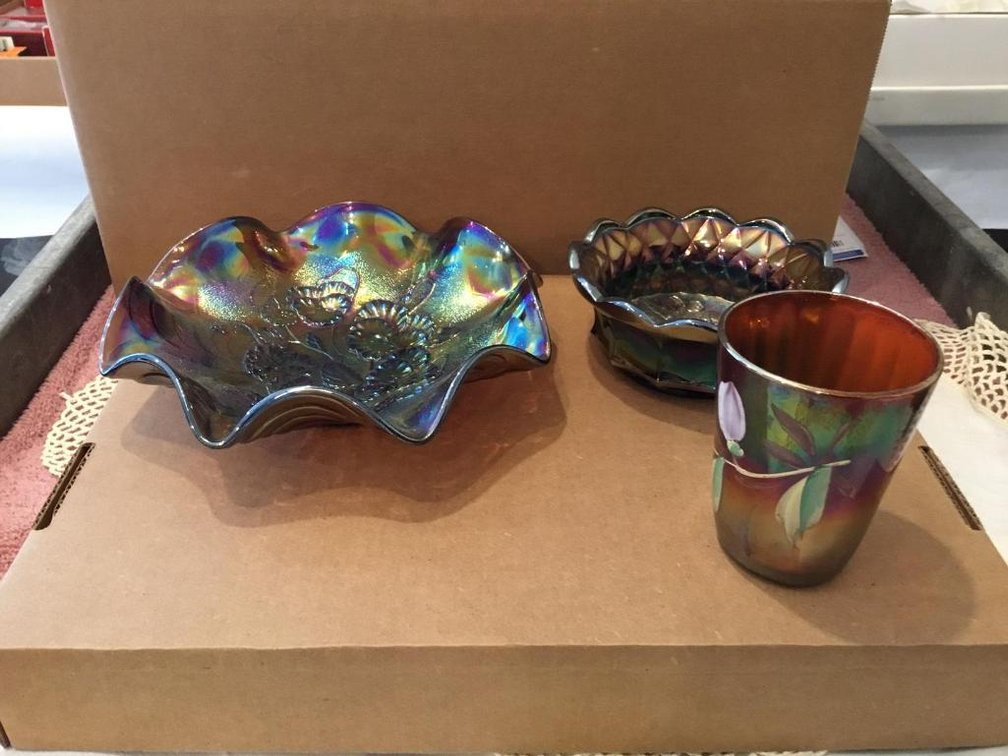 Carnival glass, three pieces on has enamel painting