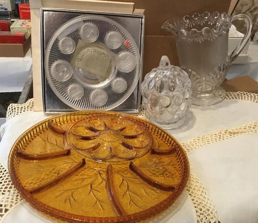Vintage Imperial glass crystal coin plate in box, deviled egg tray, pitcher, and covered candy