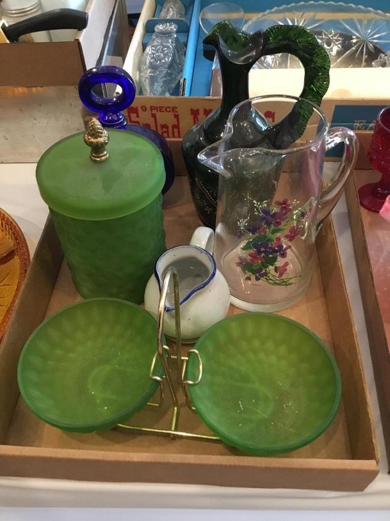 Vintage Smith satin glass covered jar and bon bon dish, glass pitcher, etc.