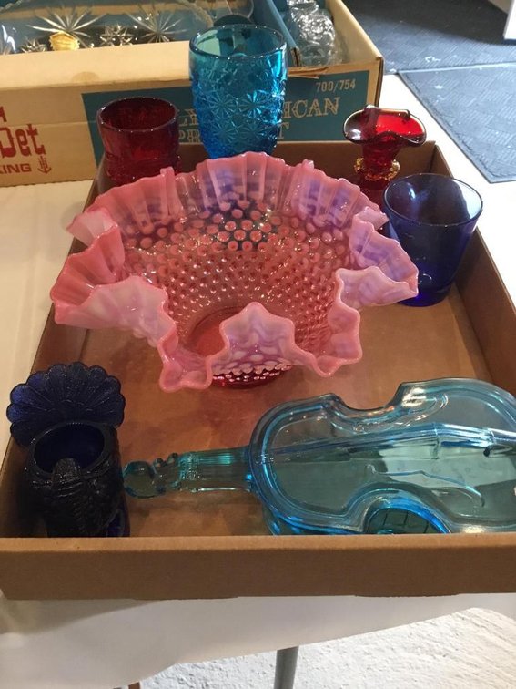 Vintage Fenton Violin covered dish and hobnail bowl, etc.