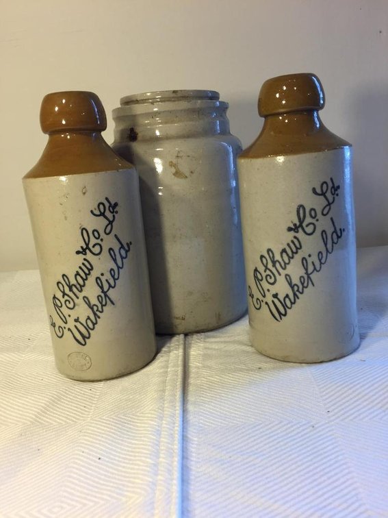 Antique two E.P. Shaw & Co stonewear beer bottles and small crock