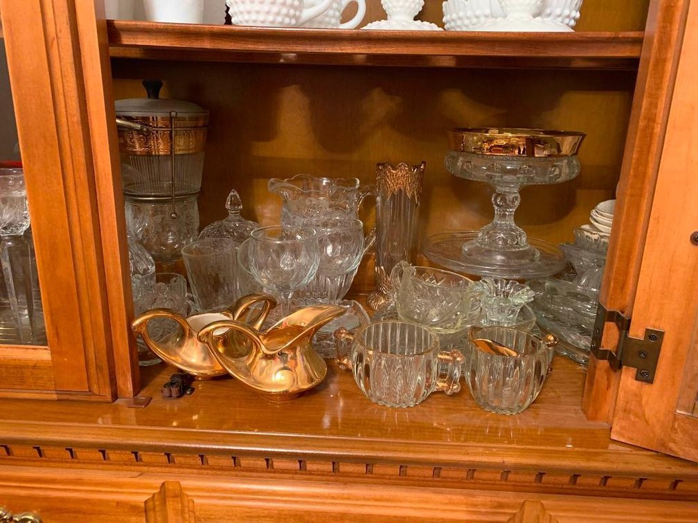 Contents of china cabinet w/ green Depression ware, Fire King clear glass & milk glass
